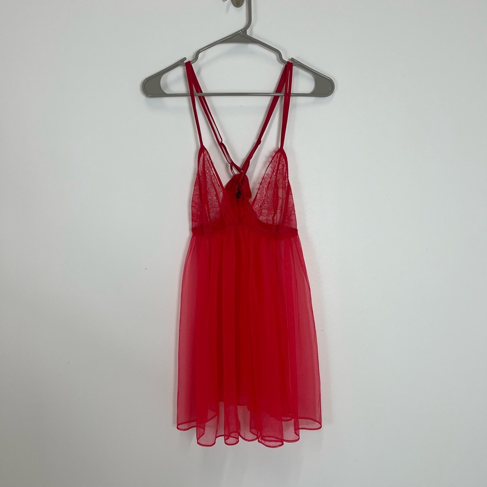 Victoria's Secret Red Sheer Lace & Mesh Babydoll Chemise